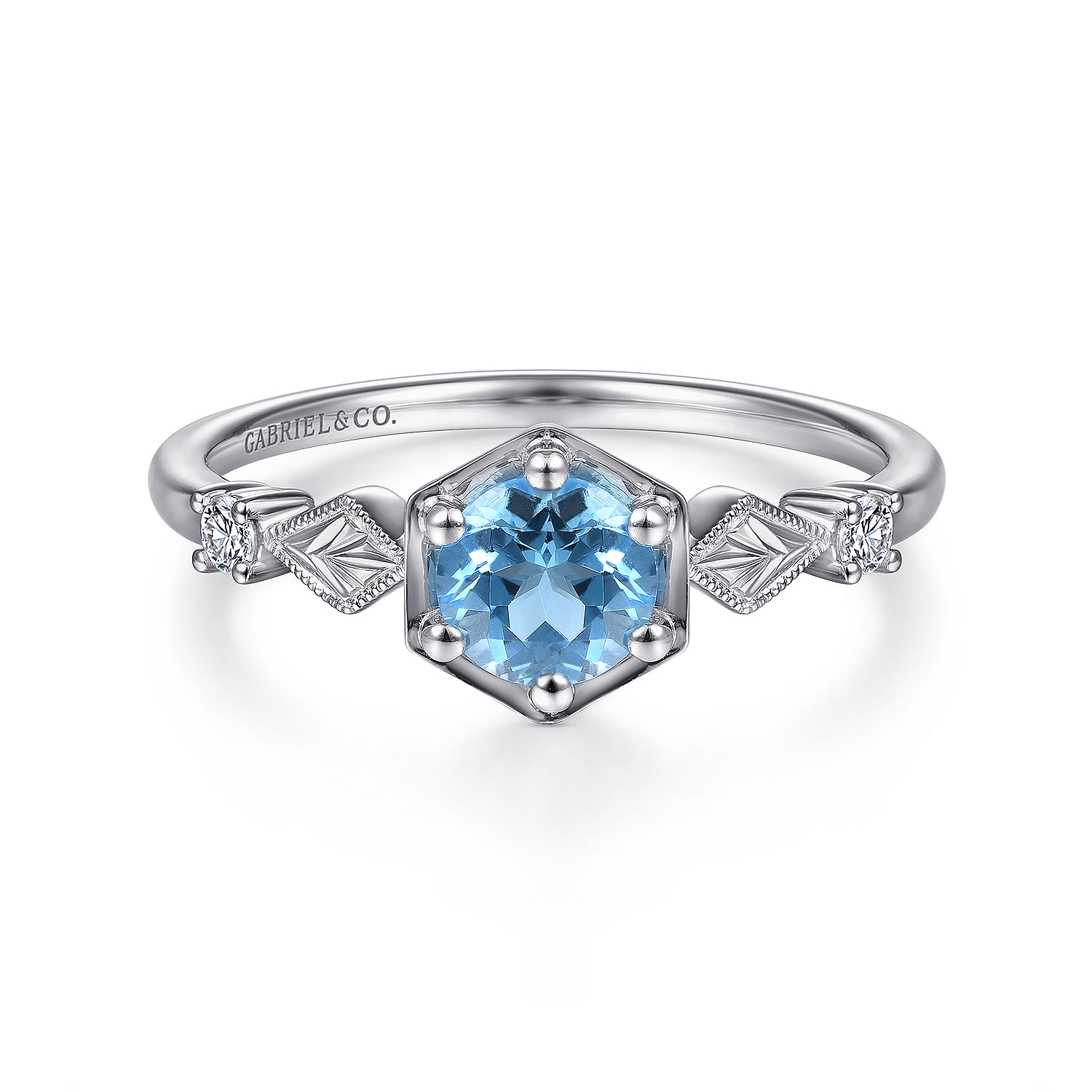Gabriel - 14K White Gold Hexagonal Blue Topaz Diamond Ring