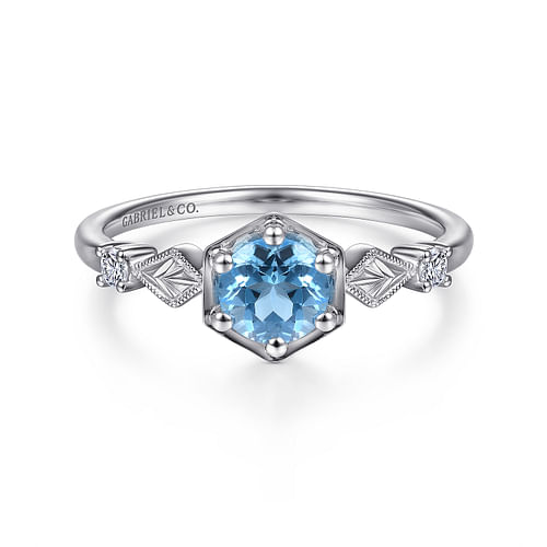 14K White Gold Hexagonal Blue Topaz Diamond Ring