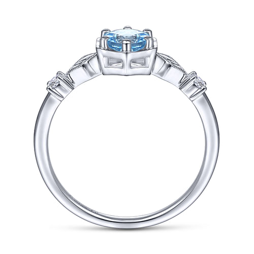 14K White Gold Hexagonal Blue Topaz Diamond Ring