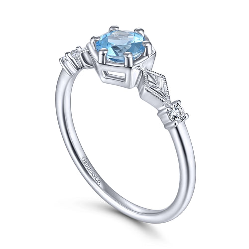 14K White Gold Hexagonal Blue Topaz Diamond Ring