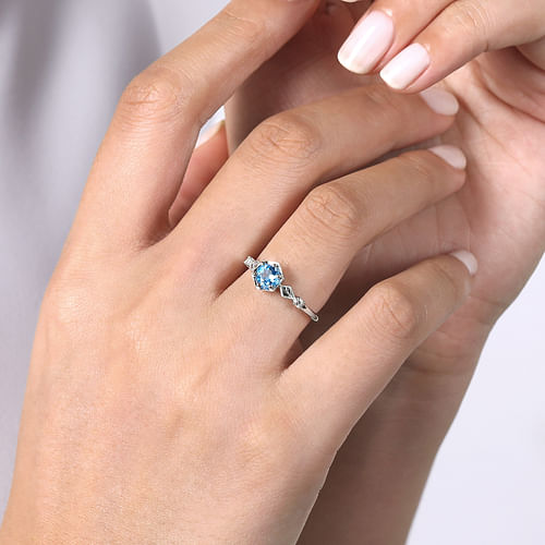 14K White Gold Hexagonal Blue Topaz Diamond Ring