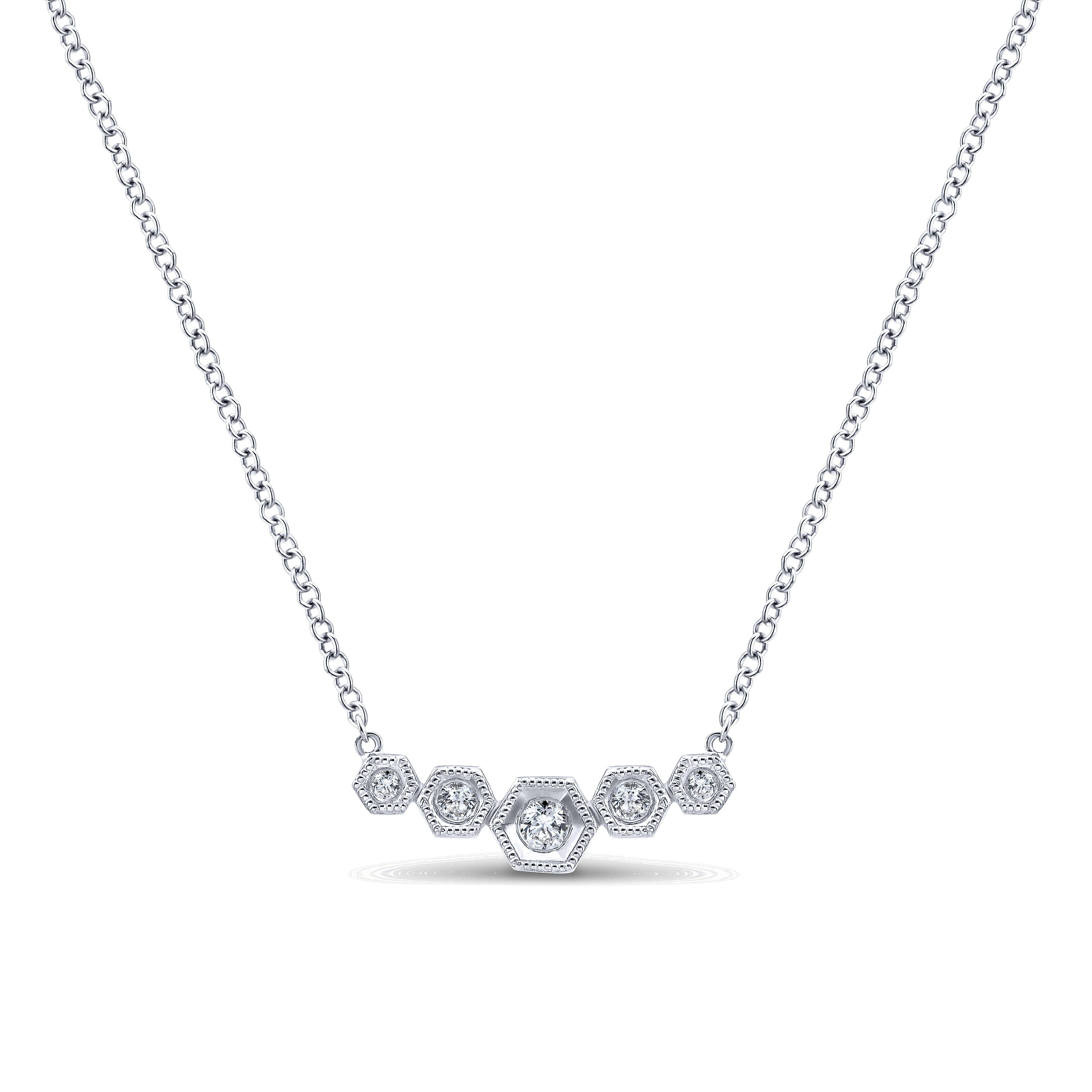 14K White Gold Hexagonal Diamond Bar Necklace