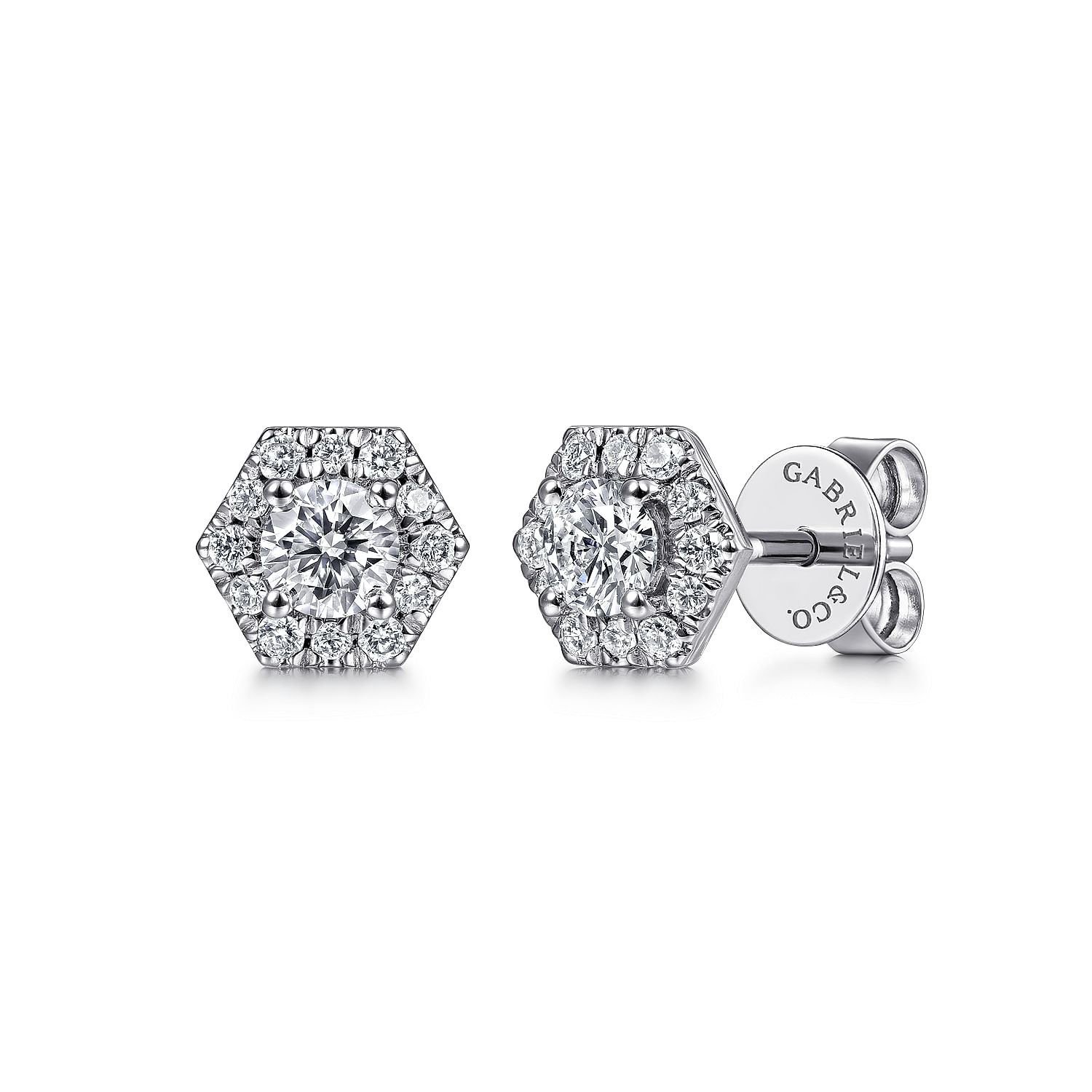 Gabriel - 14K White Gold Hexagonal Diamond Halo Stud Earrings