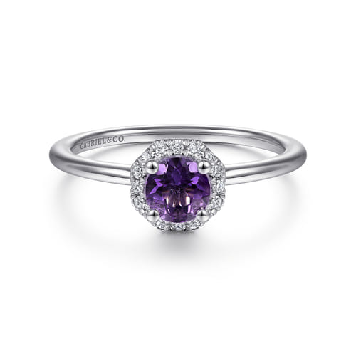 14K White Gold Hexagonal Diamond Halo and Round Amethyst Promise Ring