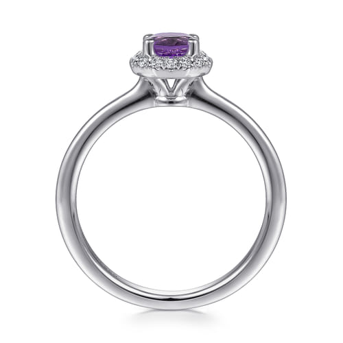14K White Gold Hexagonal Diamond Halo and Round Amethyst Promise Ring