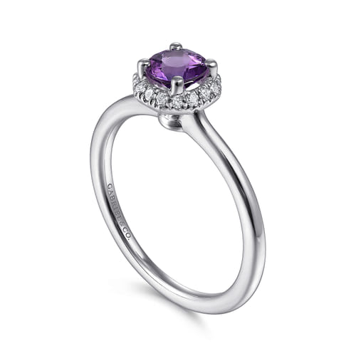 14K White Gold Hexagonal Diamond Halo and Round Amethyst Promise Ring