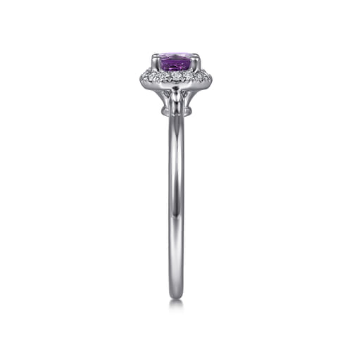 14K White Gold Hexagonal Diamond Halo and Round Amethyst Promise Ring