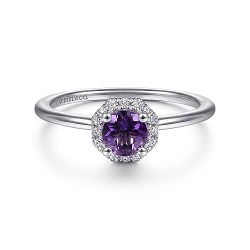 14K White Gold Hexagonal Diamond Halo and Round Amethyst Ring