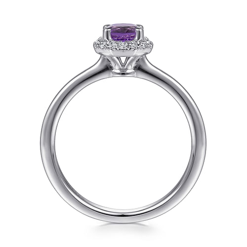 14K White Gold Hexagonal Diamond Halo and Round Amethyst Ring