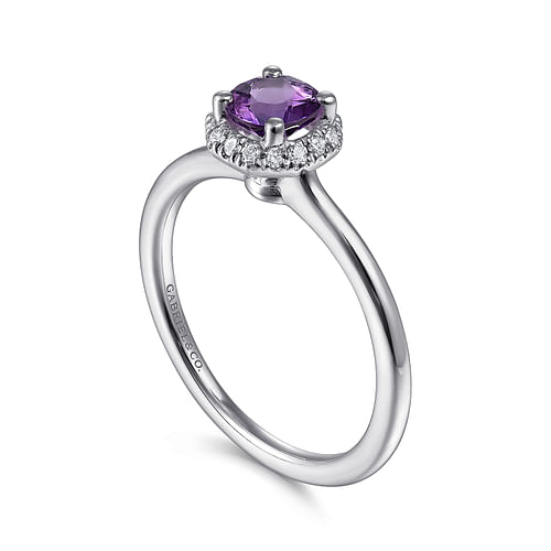 14K White Gold Hexagonal Diamond Halo and Round Amethyst Ring