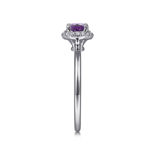 14K White Gold Hexagonal Diamond Halo and Round Amethyst Ring