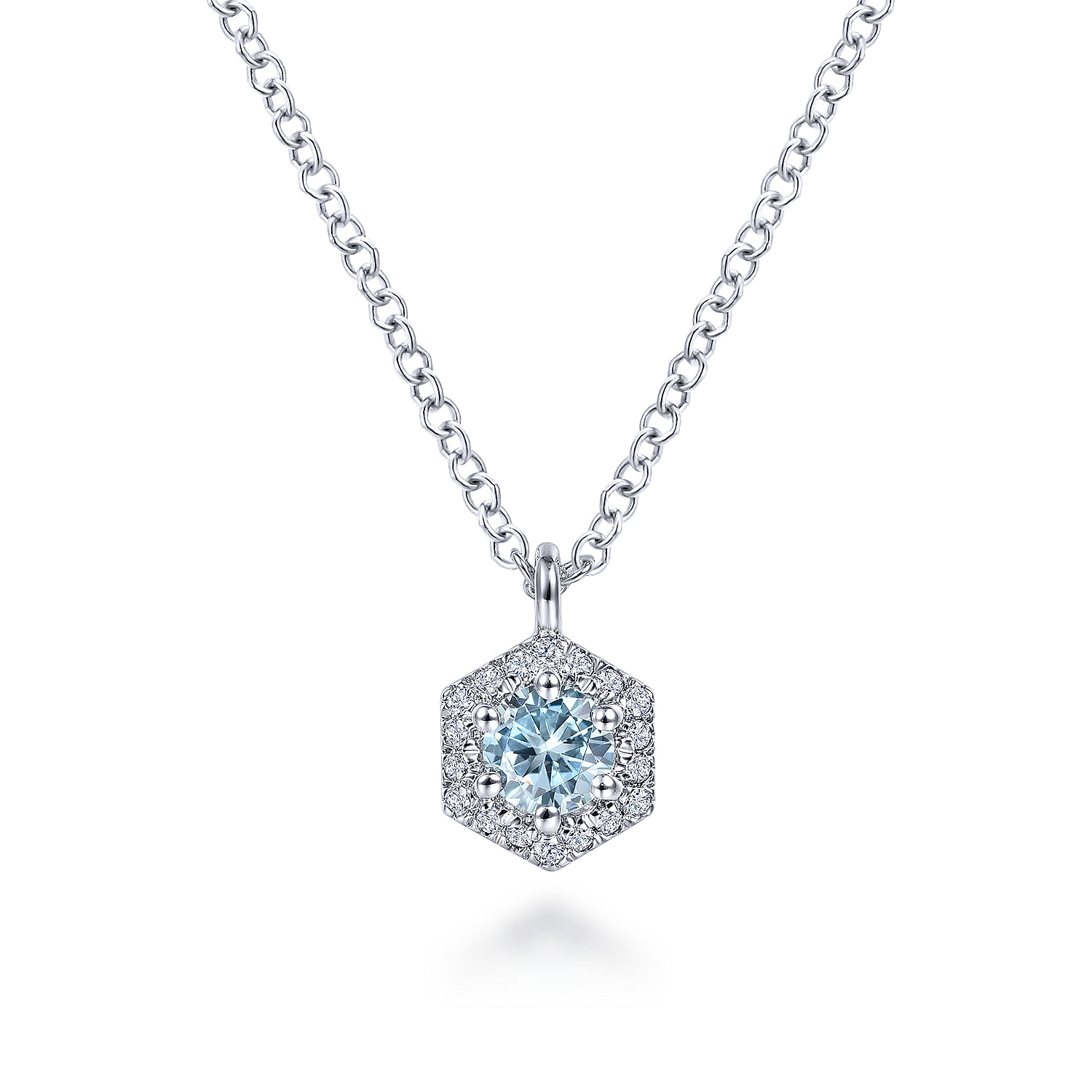14K White Gold Hexagonal Halo Aquamarine and Diamond Pendant Necklace