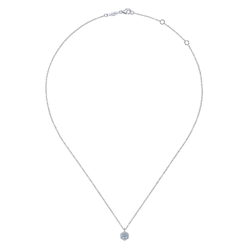 14K White Gold Hexagonal Halo Aquamarine and Diamond Pendant Necklace