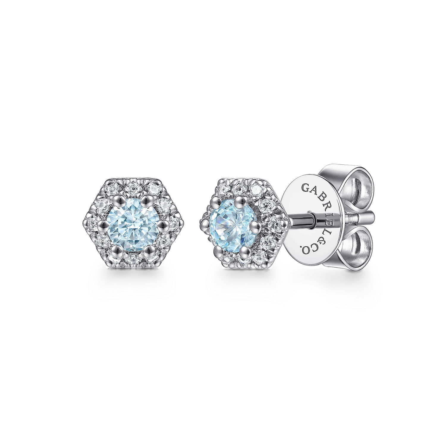 14K White Gold Hexagonal Halo Aquamarine and Diamond Stud Earrings