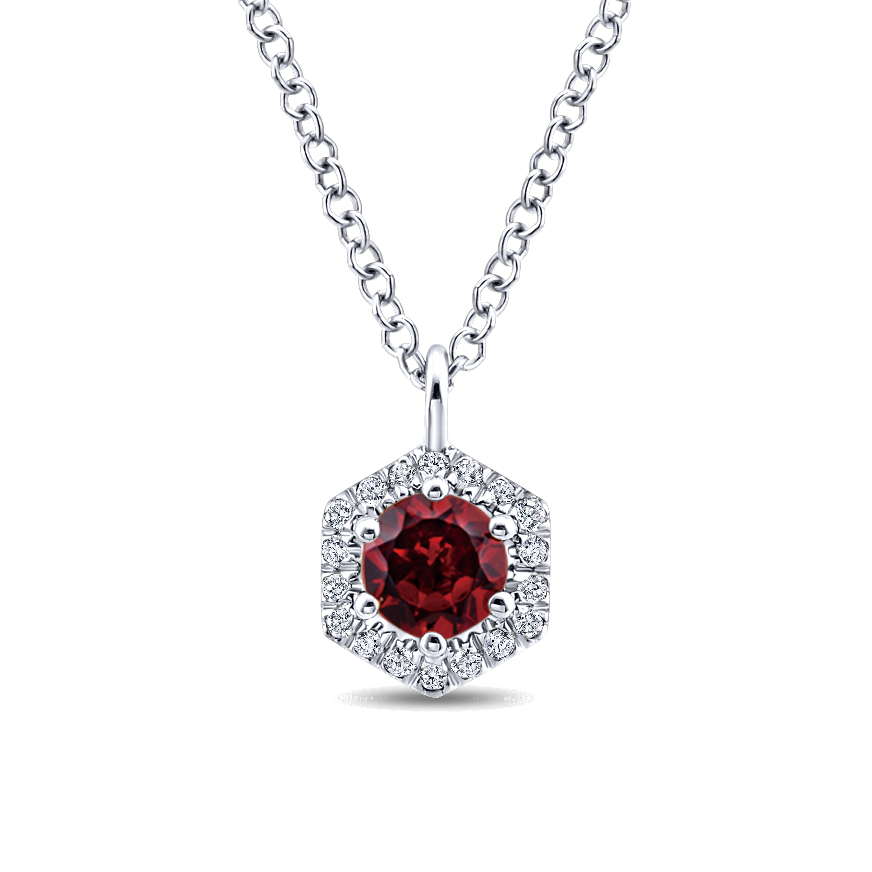 14K White Gold Hexagonal Halo Garnet and Diamond Pendant Necklace