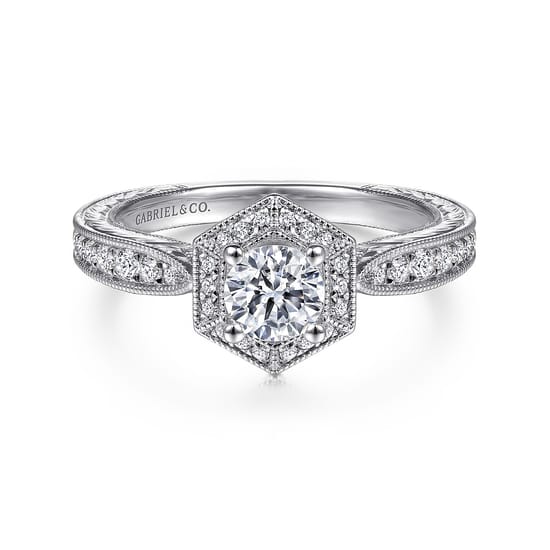 Gabriel - 14K White Gold Hexagonal Halo Round Complete Diamond Engagement Ring Gabriel - 14K White Gold Hexagonal Halo Round Complete Diamond Engagement Ring