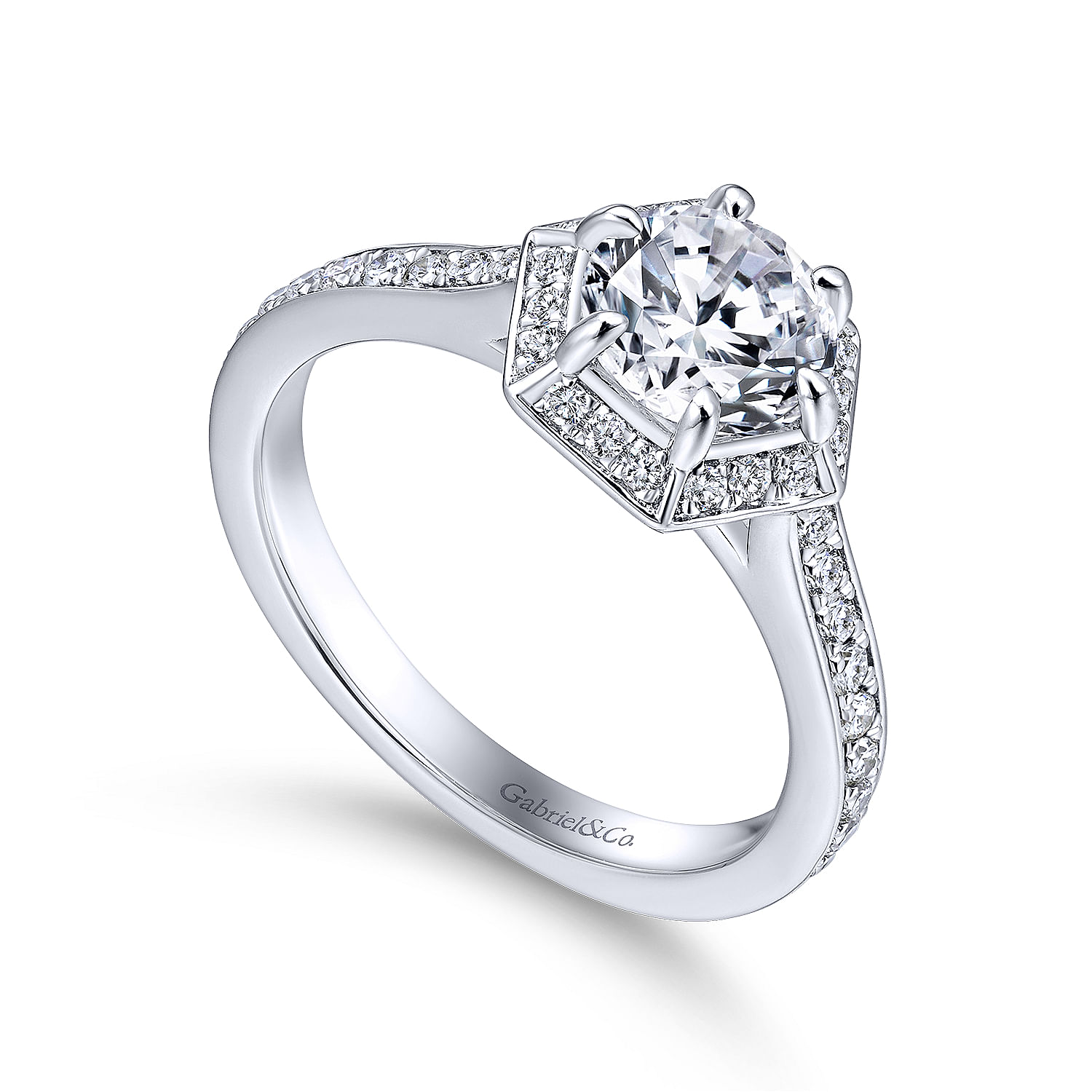 14K White Gold Hexagonal Halo Round Diamond Engagement Ring