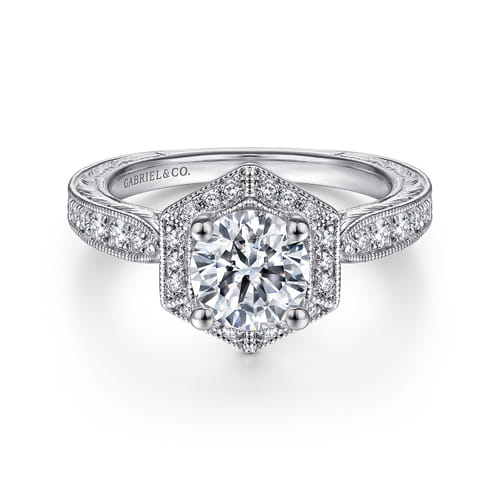 14K White Gold Hexagonal Halo Round Diamond Engagement Ring