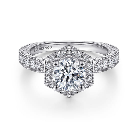 Gabriel - 14K White Gold Hexagonal Halo Round Diamond Engagement Ring