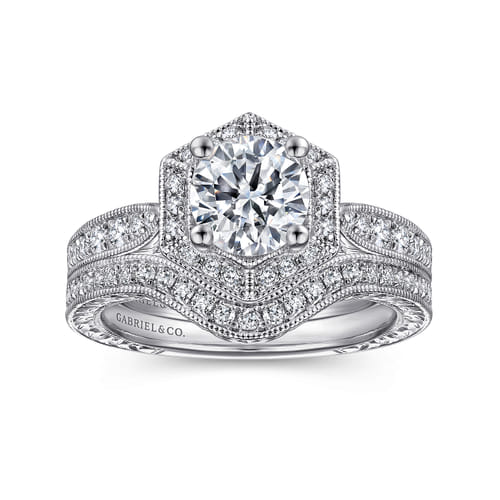 14K White Gold Hexagonal Halo Round Diamond Engagement Ring