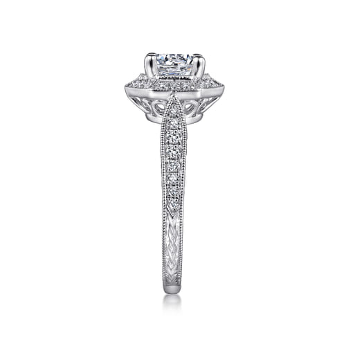14K White Gold Hexagonal Halo Round Diamond Engagement Ring