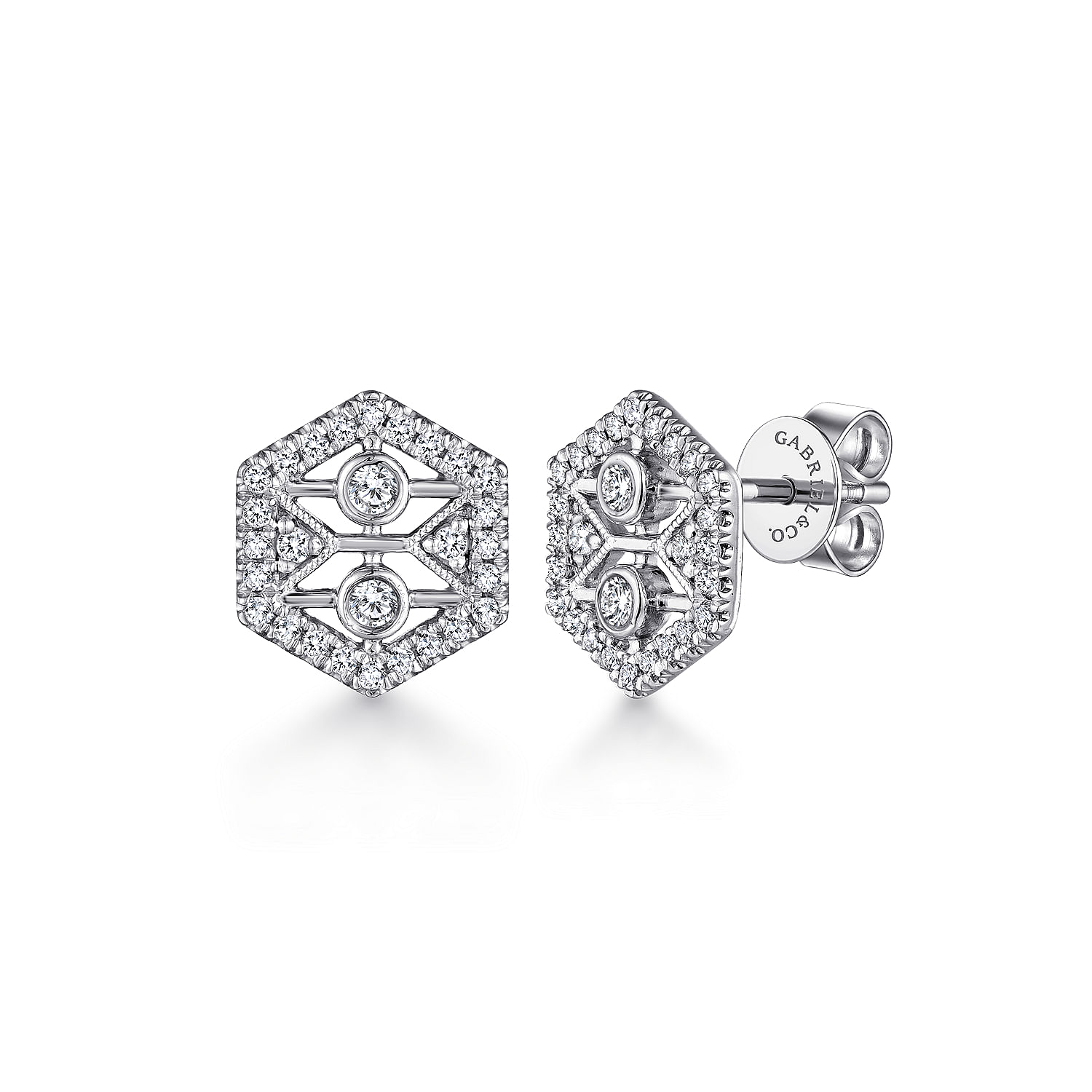 Gabriel - 14K White Gold Hexagonal Open Diamond Stud Earrings
