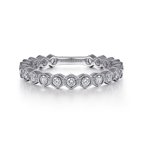 14K White Gold Hexagonal Station Stackable Diamond Ring