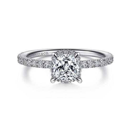 Gabriel - 14K White Gold Hidden Halo Cushion Cut Diamond Engagement Ring