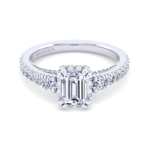 14K White Gold Hidden Halo Emerald Cut Diamond Engagement Ring