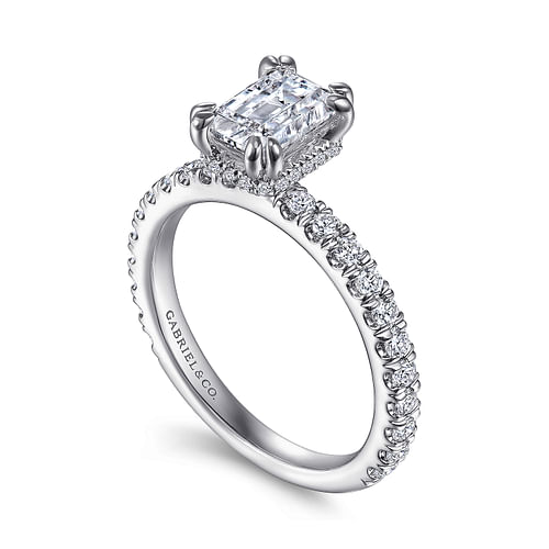 14K White Gold Hidden Halo Emerald Cut Diamond Engagement Ring