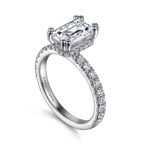 14K White Gold Hidden Halo Emerald Cut Diamond Engagement Ring