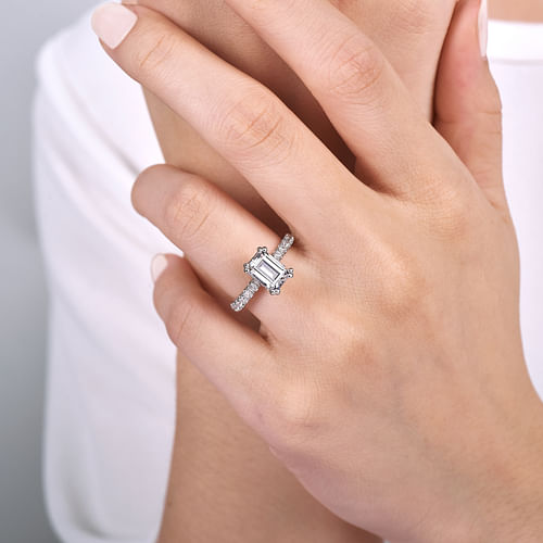 14K White Gold Hidden Halo Emerald Cut Diamond Engagement Ring