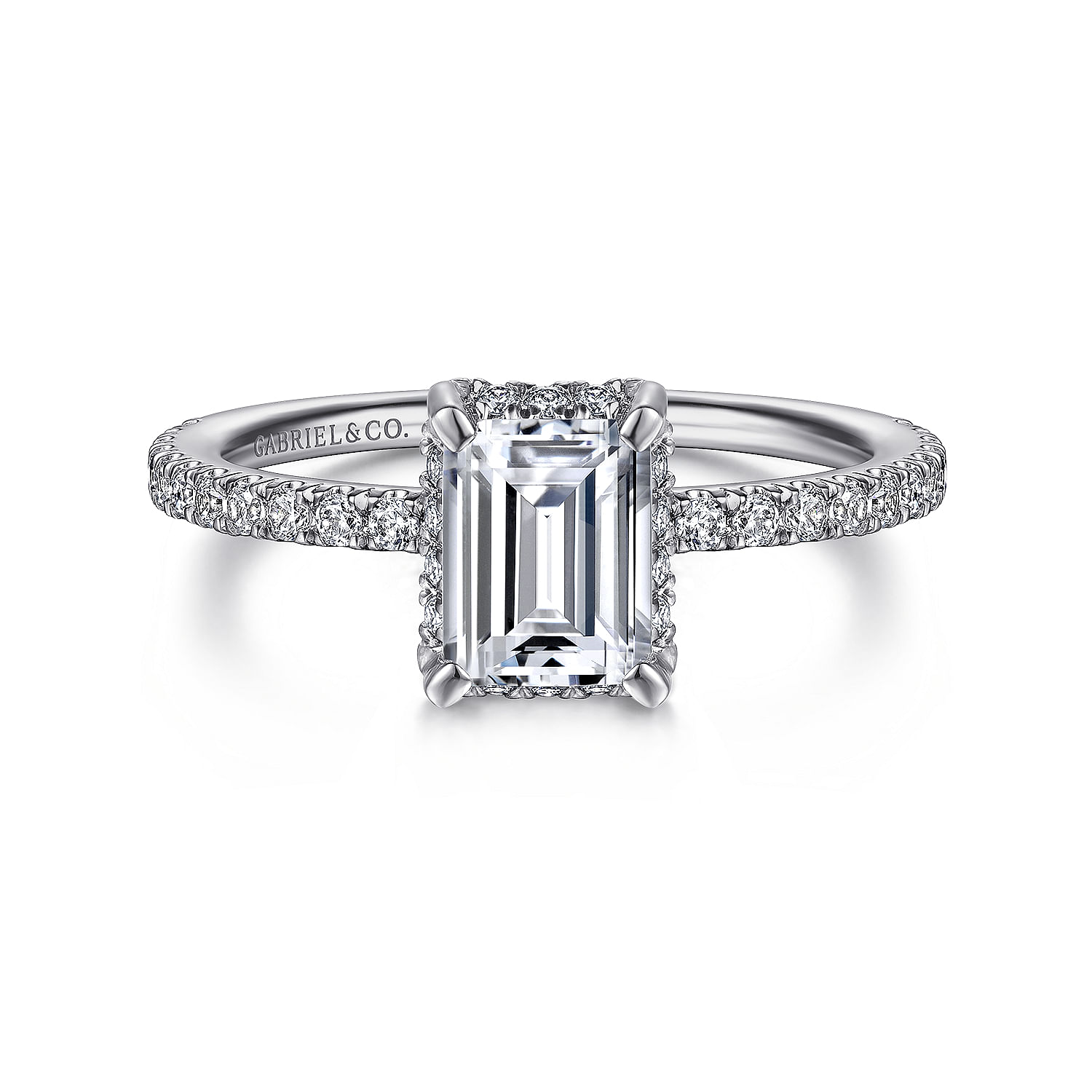 Gabriel - 14K White Gold Hidden Halo Emerald Cut Diamond Engagement Ring