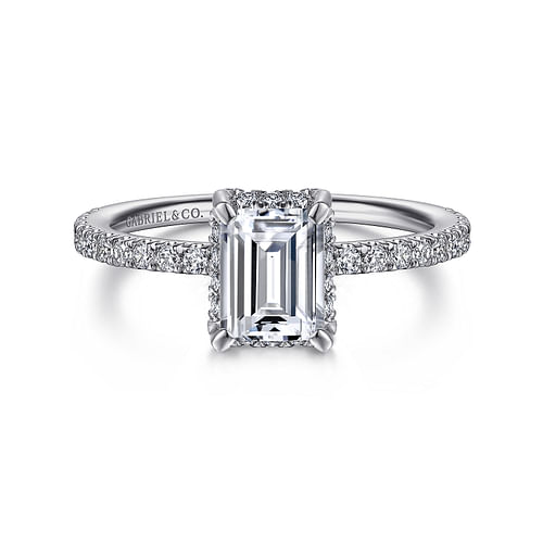 14K White Gold Hidden Halo Emerald Cut Diamond Engagement Ring