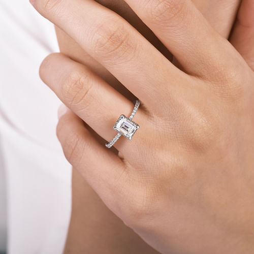 14K White Gold Hidden Halo Emerald Cut Diamond Engagement Ring