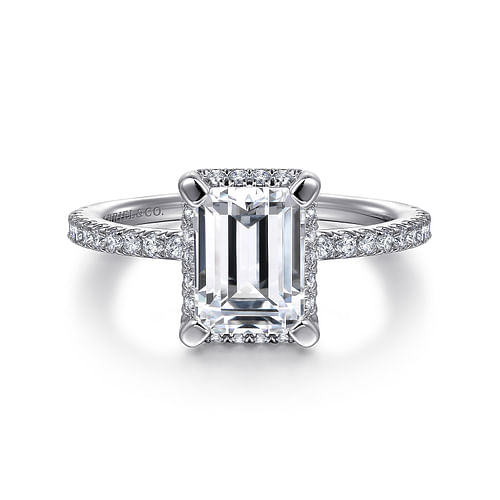 14K White Gold Hidden Halo Emerald Cut Diamond Engagement Ring