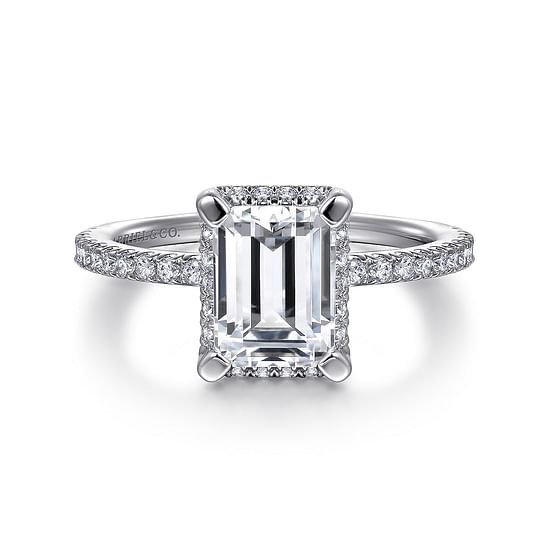 Gabriel - 14K White Gold Hidden Halo Emerald Cut Diamond Engagement Ring