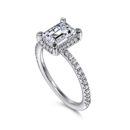 14K White Gold Hidden Halo Emerald Cut Diamond Engagement Ring