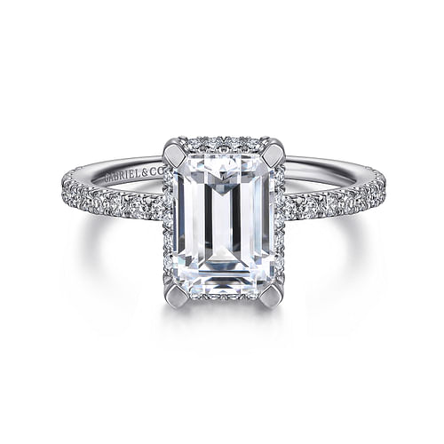 14K White Gold Hidden Halo Emerald Cut Diamond Engagement Ring