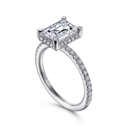 14K White Gold Hidden Halo Emerald Cut Diamond Engagement Ring