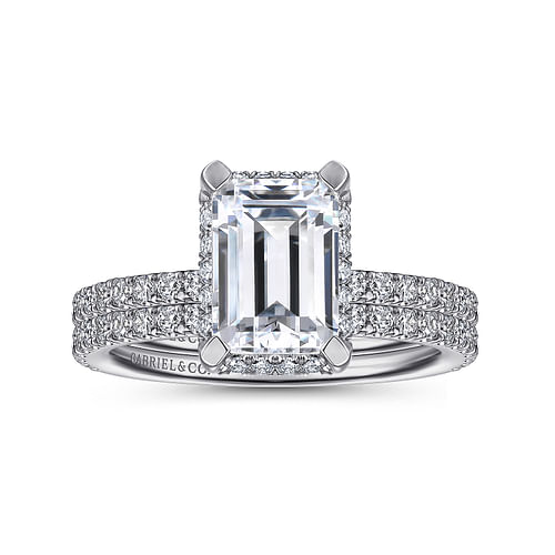 14K White Gold Hidden Halo Emerald Cut Diamond Engagement Ring