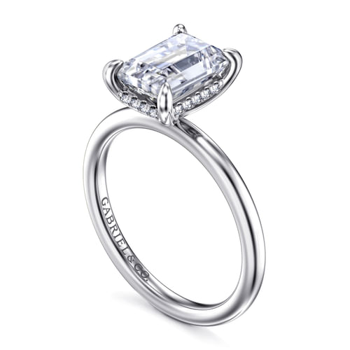 14K White Gold Hidden Halo Emerald Cut Diamond Engagement Ring