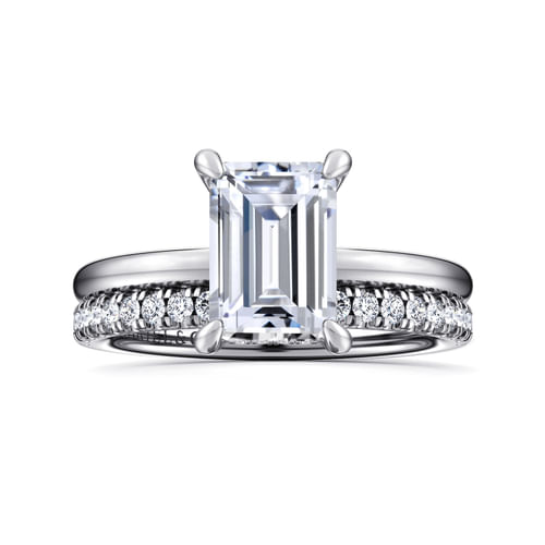 14K White Gold Hidden Halo Emerald Cut Diamond Engagement Ring