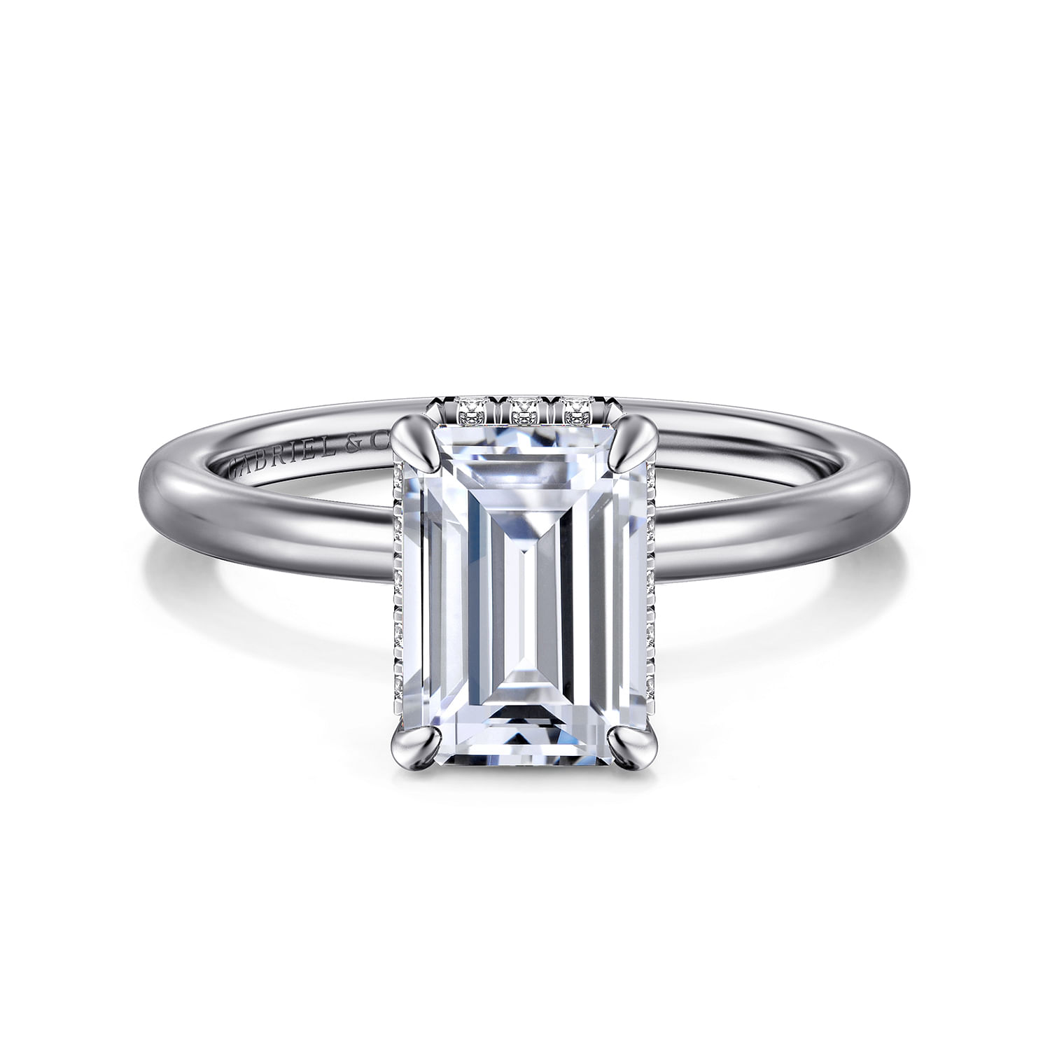 Gabriel - 14K White Gold Hidden Halo Emerald Cut Diamond Engagement Ring
