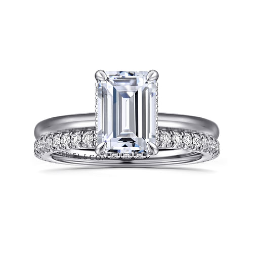 14K White Gold Hidden Halo Emerald Cut Diamond Engagement Ring