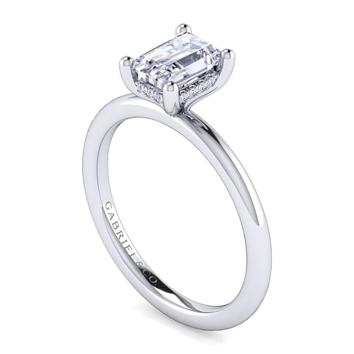 14K White Gold Hidden Halo Emerald Cut Diamond Engagement Ring