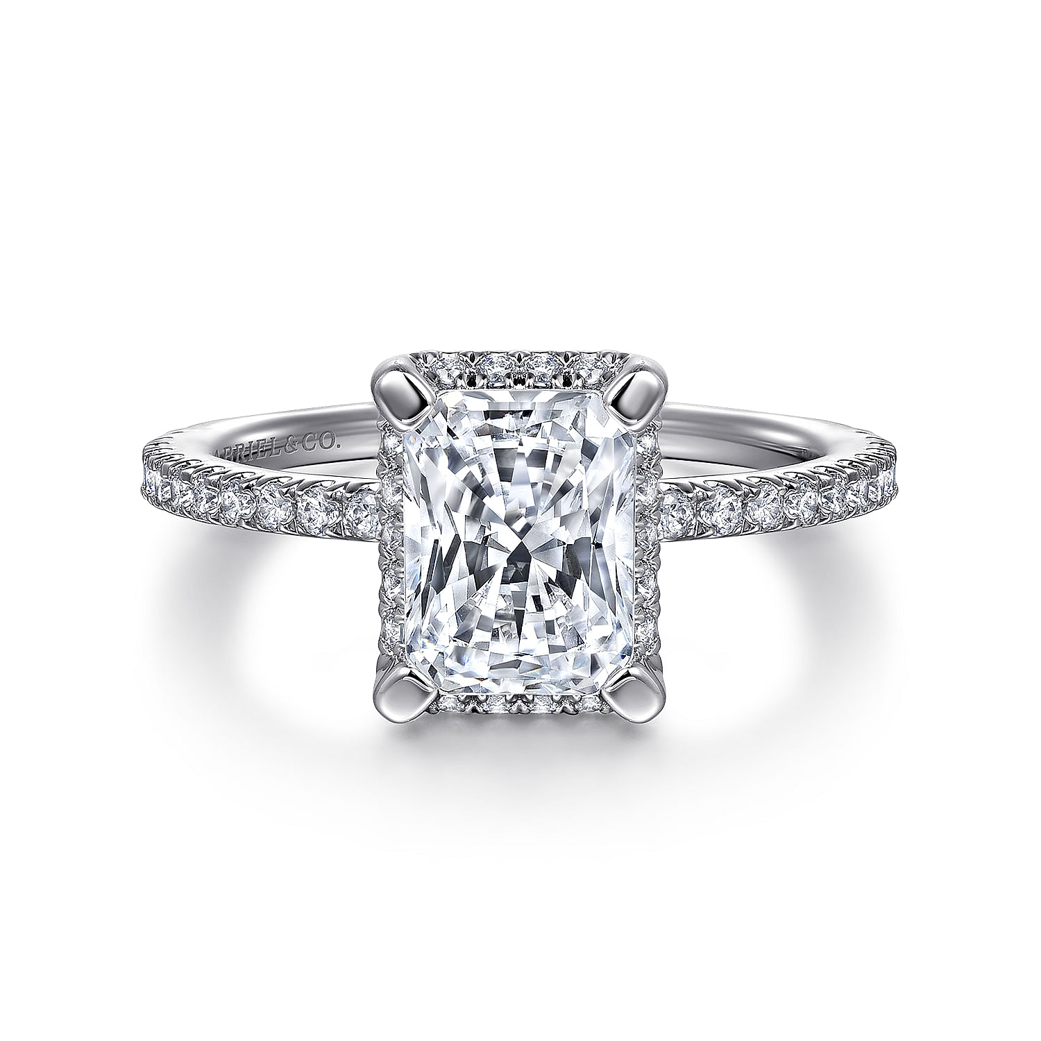 14K White Gold Hidden Halo Rectangular Radiant Cut Diamond Engagement Ring