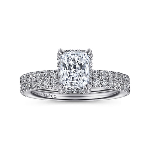 14K White Gold Hidden Halo Rectangular Radiant Cut Diamond Engagement Ring