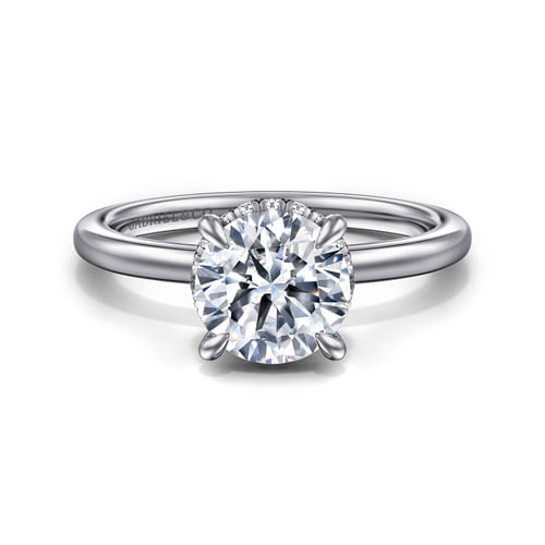14K White Gold Hidden Halo Round  Diamond Engagement Ring