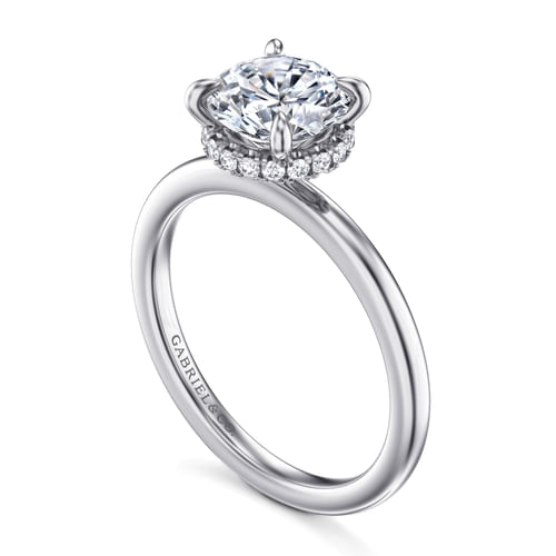 14K White Gold Hidden Halo Round  Diamond Engagement Ring